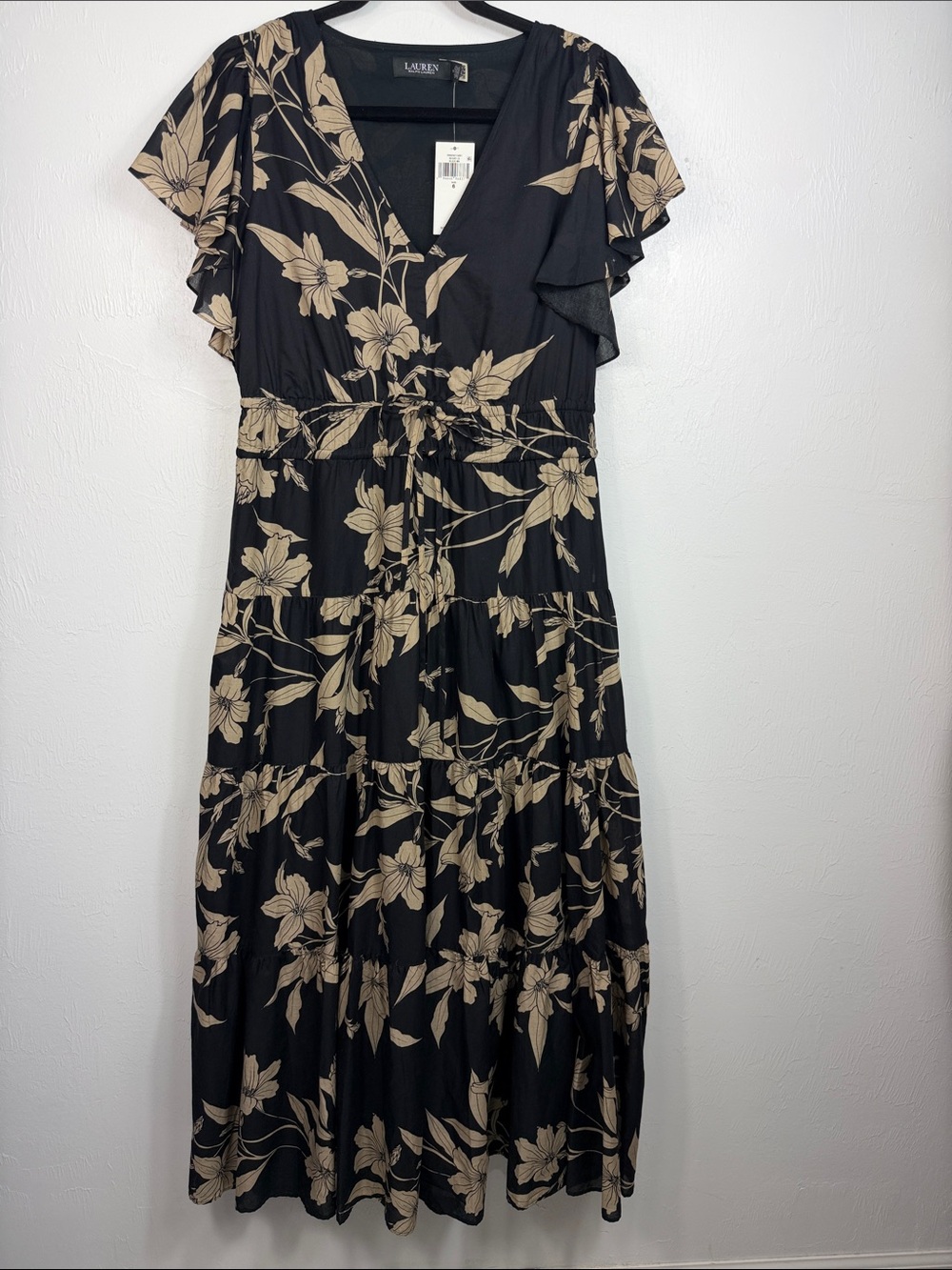 NWT Lauren Ralph Lauren Voile Floral Tiered Maxi Dress Black Beige Size 6 - Picture 3 of 10